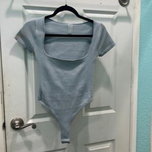 Light blue, ribbed, square-neck bodysuit